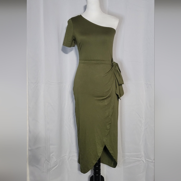 EXLURA Women's Green NWT One Shoulder Bodycon Midi Dress Size Small 🐈 - Picture 2 of 12